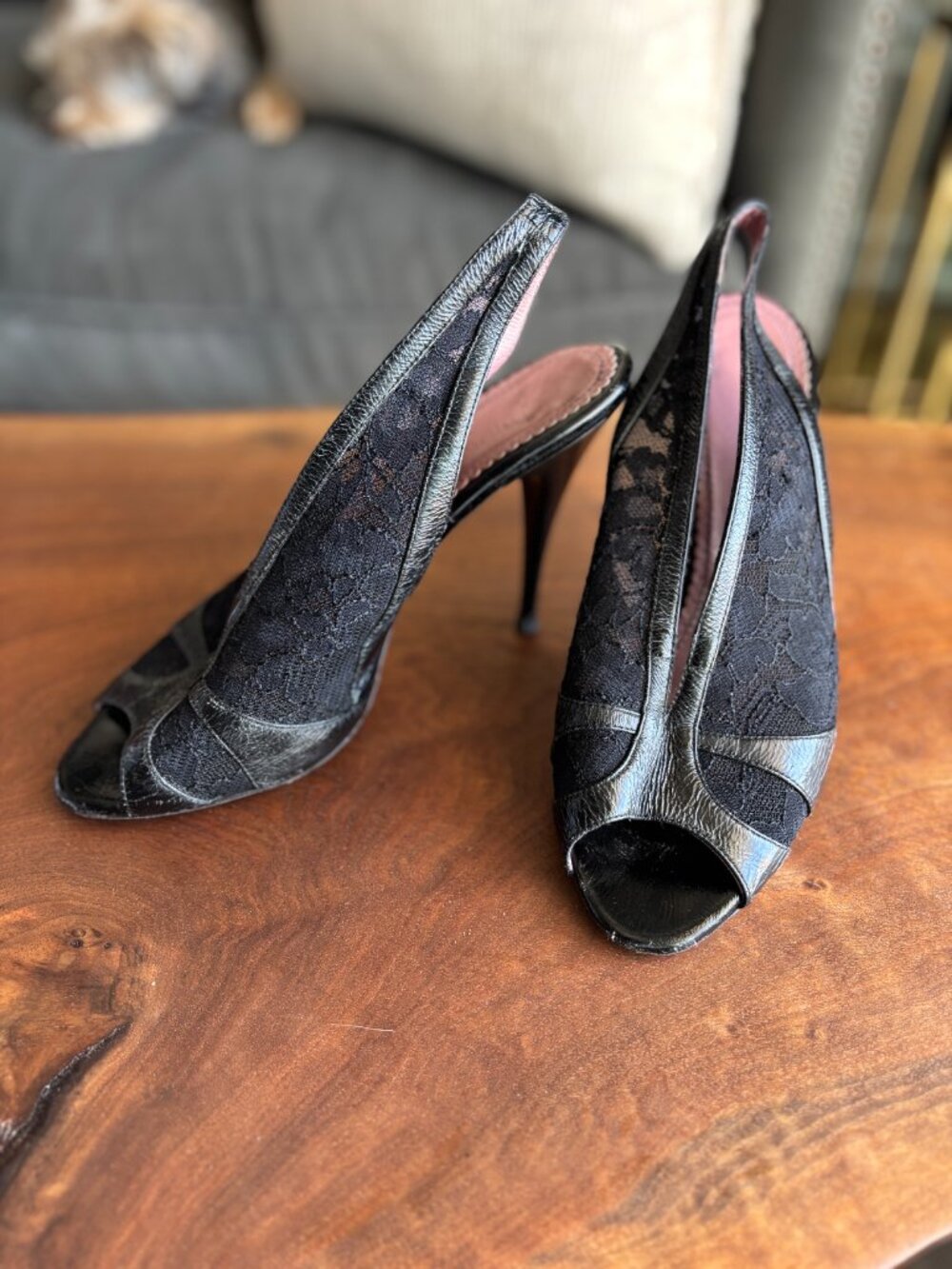 Jean-Michel Cazabat Black Leather Lace Peep Toe Slingback Heels FR 36.5 / US 6.5